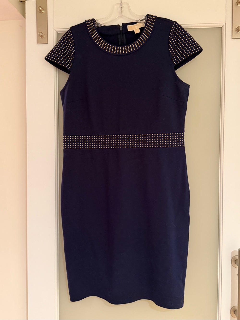 Michael Kors Navy Stud-Trim Cap Sleeve Sheath Dress